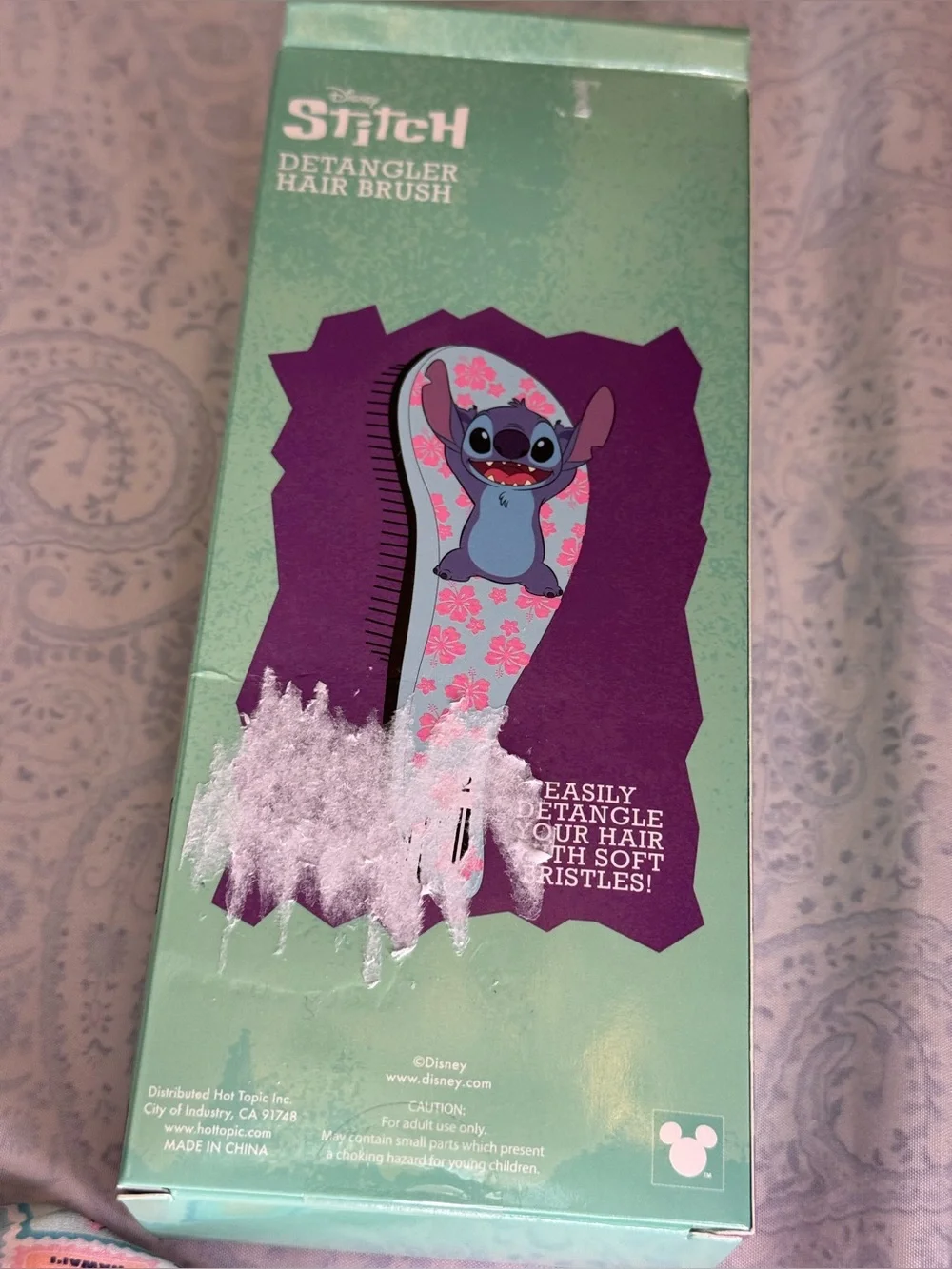 Disney Stitch Scalp Massager, Detangler Brush, and Metal Stich on Satin Scrunch
